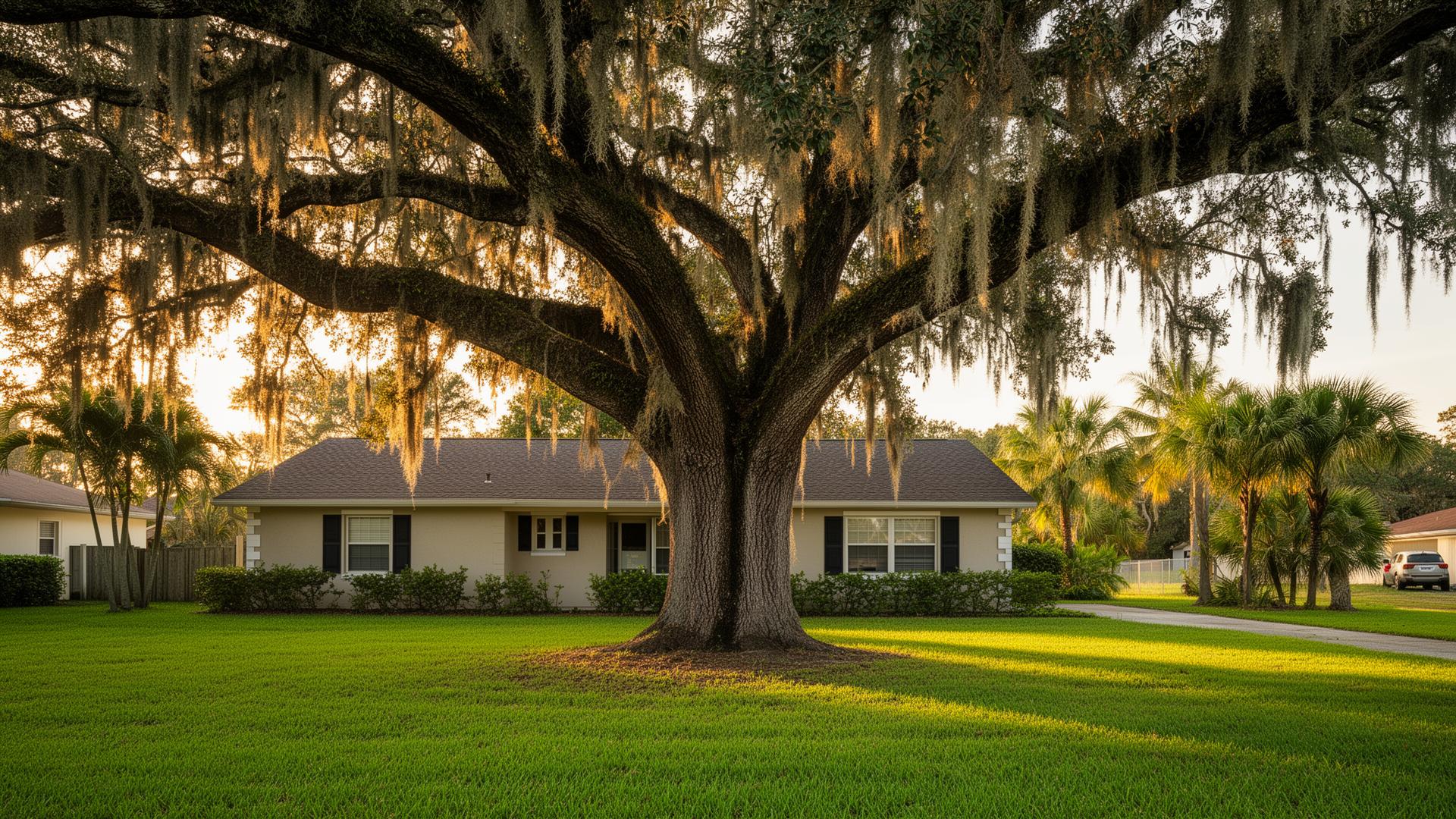 Massive Southern live oak in a Riverview, FL front yard at golden hour